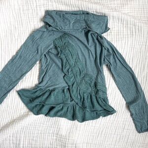 Anthro Moth Switching Sides Cowl Sweater Ruffle Peplum Blue Women’s L Cashmere
